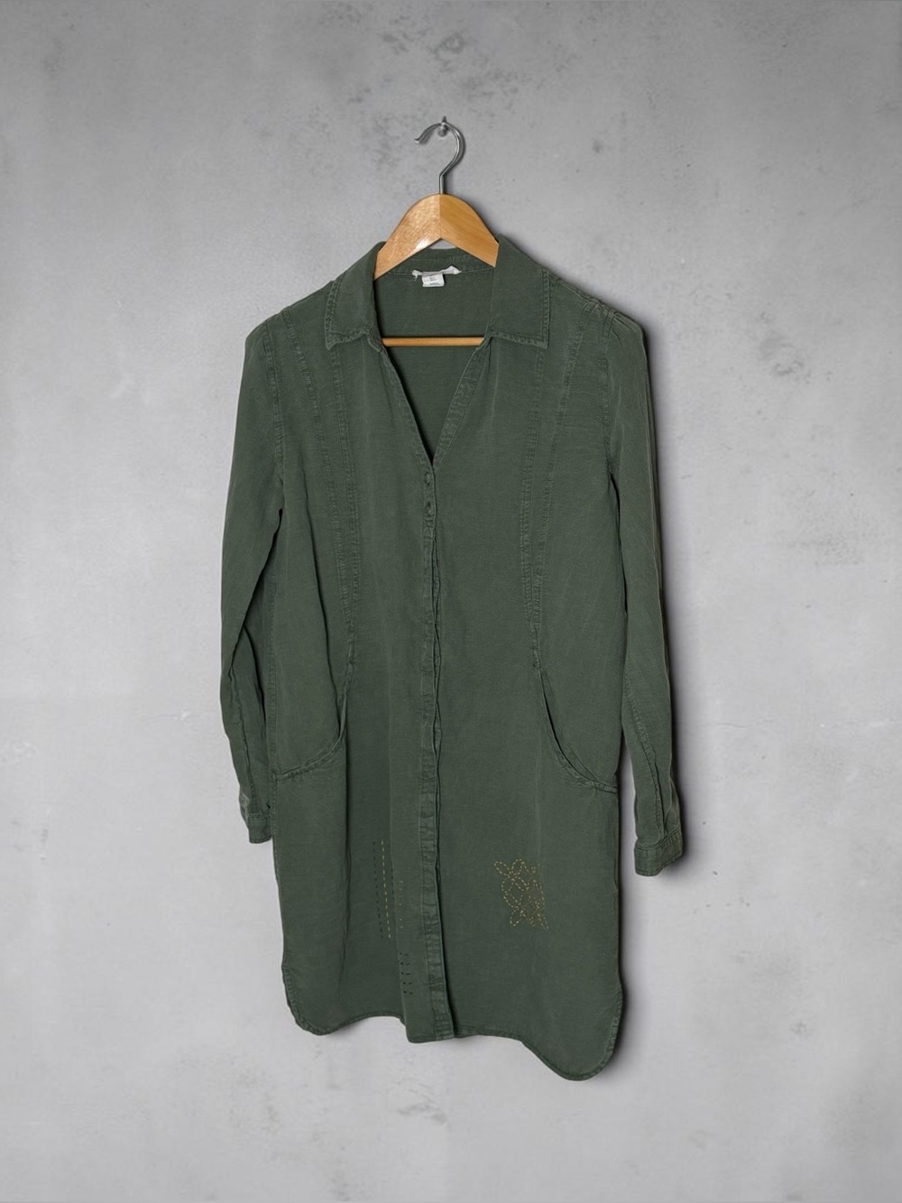 Lucky Brand Linen Shirt Dress, Army Green, Size Large, Hand Embroidery Accent